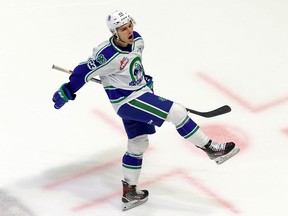 The Swift Current Broncos' Aiden Bulych celebrates one of his two goals Friday against the Winnipeg Ice.