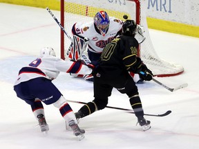 Nolan Ritchie of the Brandon Wheat Kings scores the game-winner in overtime against the Regina Pats on Saturday. Keith Hershmiller Photography.