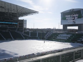 A video plays on the maxtron after a press conference that announced the closure of Iceville at Mosaic Stadium. The football-sized rink hosted over 13,000 skaters. MICHAEL BELL / Regina Leader-Post