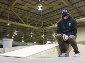 David Chapados, vice-president of the Regina Skateboarding Coalition, sits on a skateboarding structure at the Agribition Building at Evraz Place. The group hopes it will be the permanent location for its indoor skatepark.