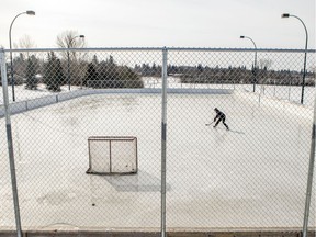 A young man, wo asked for his name not to be used, practices hockey drill at the outdoor at the Conseil des ecoles fransaskoies school in Saskatoon, SK on Wednesday, March 18, 2020.