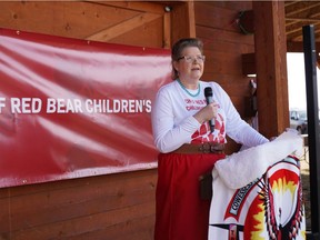 Eva Coles, CEO of the Chief Red Bear Children's Lodge at Cowessess First Nation, speaks to the community on April 1, 2021 to mark the start of its jurisdictional authority over Cowessess children. Bryon Lerat/Cowessess First Nation