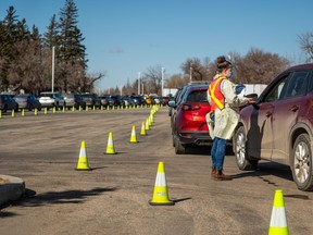 Saskatoon's first drive-thru COVID-19 vaccination clinic at Prairieland Park offered the AstraZeneca vaccine to hundreds of people aged 55 and over. Photo taken in Saskatoon, SK on Monday, April 5, 2021.