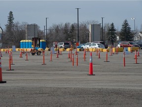 REGINA, SASK : April 8, 2021  -- Few vehicles are seen in the parking lot on the south side of Evraz Place in Regina, Saskatchewan on April 8, 2021.

BRANDON HARDER/ Regina Leader-Post