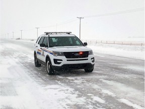 An RCMP vehicle sits on the highway approximately five kilometres east of Wolseley, where police responded to a jack-knifed semi on the Trans-Canada Highway. Police responded to several crashes on Tuesday due to the poor weather conditions. (Photo courtesy RCMP)