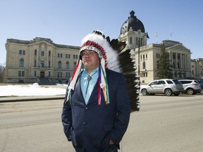 Pheasant Rump First Nation Chief Ira McArthur, seen here at the Legislative Building in Regina on April 16, 2021, says his band has jurisdiction to run pot shops on its land, regardless of the provincial laws.