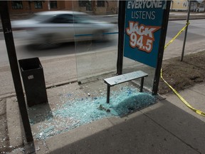 A bus shelter is seen with one of its glass panes smashed out near the corner of Victoria Avenue and Winnipeg Street in Regina, Saskatchewan on April 19, 2021. Since November, the City of Regina has had an ongoing issue with smashed glass on its bus shelters. The Regina Police Service is investigating and has issued media releases seeking any information from the public.