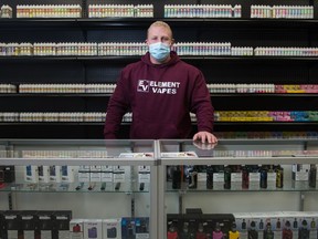 REGINA, SASK : April 20, 2021  -- Dane Rusk, owner of Element Vapes, stands inside his vape shop on Albert Street in Regina. He feels that tax increases could persuade customers to return to cigarettes, which would hurt his business.

BRANDON HARDER/ Regina Leader-Post