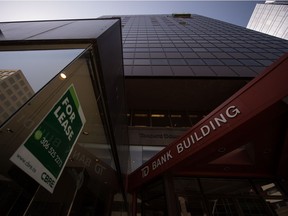 A for lease sign is seen on a building in downtown Regina, Saskatchewan on April 21, 2021.