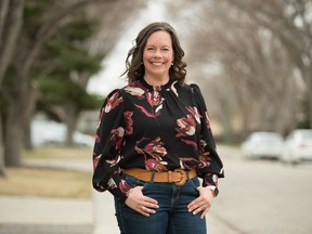 Nathalie Reid, director of the Child Trauma Research Centre at the U of R, stands near her home home in Regina, Saskatchewan on April 22, 2021.