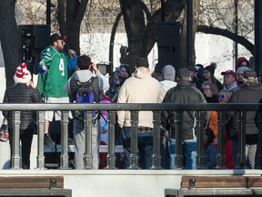 Anti-vaccine/anti-mask demonstrators are seen gathered at the cenotaph in Victoria Park in Regina, Saskatchewan on April 24, 2021. Speaker "Chris Sky" can be seen wearing a Saskatchewan Roughriders jersey.

BRANDON HARDER/ Regina Leader-Post