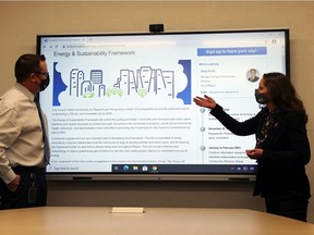 Greg Kuntz, manager of Energy and Sustainability Solutions, and Carole Tink, director of Innovation Energy and Technology showcase their project at City Hall in Regina. Presented virtually on Thursday, the project outlined the plans of Regina's newly established Community Advisory Group, which will help the city reach its environmental target.