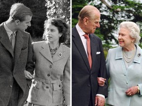 Queen Elizabeth and The Duke of Edinburgh in an undated photo take before their marriage, and in 2007, recreating the photo at Broadlands in the Hampshire to commemorate their diamond wedding anniversary.