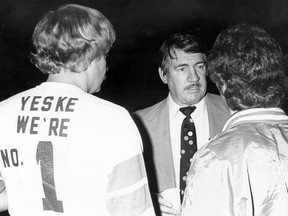 Saskatchewan Roughriders general manager Jim Spavital, who mastered boots-on-the-ground marketing, meets with fans in the early 1980s.