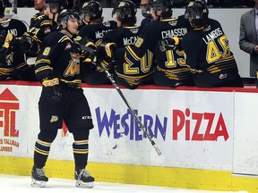 Brandon Wheat Kings' Ty Thorpe celebrates one of his two goals against the Moose Jaw Warriors on Tuesday at the Brandt Centre.