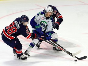 Regina Pats' Connor Bedard (98) and Kyle Walker (20) check the Swift Current Broncos' Mathew Ward (10) on April 6, 2021 at the Brandt Centre. Keith Hershmiller Photography.