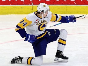 Saskatoon Blades' Colton Dach celebrates a goal versus the Prince Albert Raiders at the Brandt Centre on Thursday.