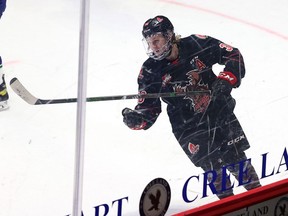Moose Jaw Warriors' Ryder Korczak celebrates one of his two goals Friday at the Brandt Centre.