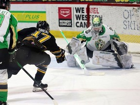 The Brandon Wheat Kings' Ridly Greig (17), shown facing Prince Albert goalie Max Paddock, was the first star in Monday's 3-2 victory over the Raiders at the Brandt Centre.
