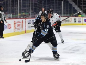 Peyton Krebs, 19, of the Winnipeg Ice is shown Wednesday against the Moose Jaw Warriors at the Brandt Centre. Krebs had a goal and three assists to power Winnipeg to a 6-3 win.