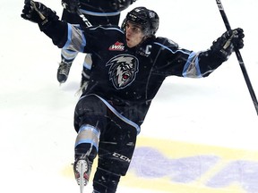 Winnipeg Ice captain Peyton Krebs celebrates a goal versus the Swift Current Broncos on Monday at the Brandt Centre.