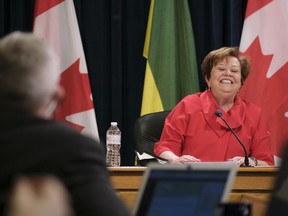 Donna Harpauer, minister of finance, laughs during an embargoed press conference on budget day at the Legislative Building in Regina on April 6, 2021.