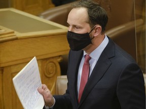 Opposition Leader Ryan Meili speaks during Question Period on Budget Day at the Legislative Building in Regina on Tuesday April 6, 2021. The government presented a budget with both record spending and deficits.