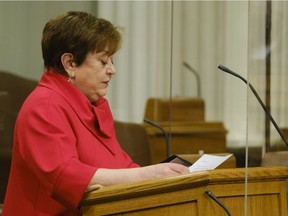 Donna Harpauer, minister of finance, delivers her Budget Day speech at the Legislative Building in Regina on April 6, 2021.