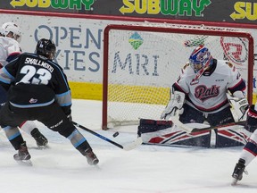 Regina Pats netminder Roddy Ross is beaten for a goal by Jakin Smallwood (23) of the Winnipeg Ice during WHL action at the Brandt Centre on Saturday.