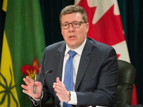 Saskatchewan Premier Scott Moe speaks during a news conference regarding COVID-19 at the Saskatchewan Legislative Building in Regina, Saskatchewan on May 4, 2021.