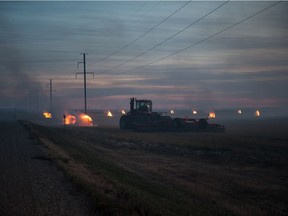 Bales burn in a field roughly 25 kilometres east of Moose Jaw along the Transcanada highway near Kalium Road in October, 2017. BRANDON HARDER files