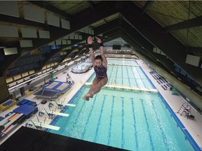 In a pre-pandemic photo, Kelsey Clairmont of the Regina Diving Club practices a dive at the Lawson Aquatic Centre in Regina.
