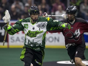 Saskatchewan's Chris Corbeil carries the ball during an NLL game against the Colorado Mammoth.