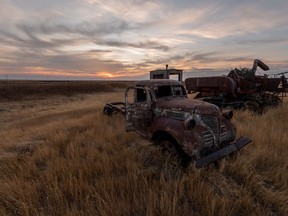 Farm equipment sits in a field near Meyronne, which is located along Highway 13. The highway is affectionately known as "Ghost Town Trail."