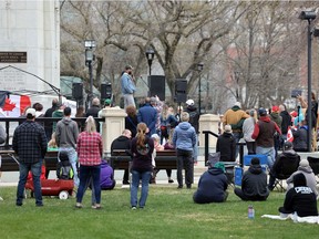 A small gathering of people breaking the current health order gathered in Victoria Park in Regina on Saturday, May 8, 2021.