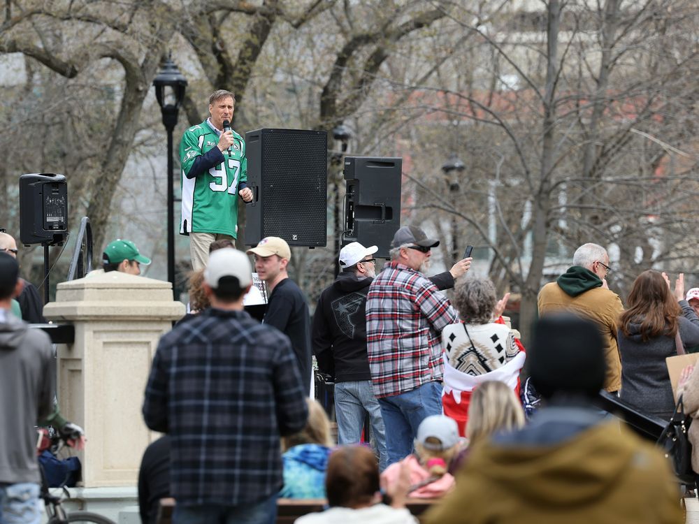A small gathering of people breaking the current health order gathered in Victoria Park in Regina on Saturday, May 8, 2021. Maxime Bernier, former Harper cabinet minister and current leader of the People's Party of Canada, wore a Roughriders jersey as he spoke at the events.
