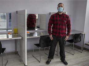Primary care paramedic Emile Gariepy stands inside a safe injection site located at the Newo Yotina Friendship Centre in Regina.