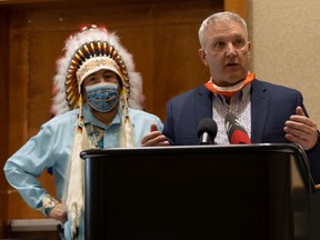 Big River First Nation Chief Jack Rayne and TryCycle Data Systems' founder and CEO John MacBeth speak to media at a press conference for the launch of a new mental health and wellness app, offered in First Nations languages. Photo taken in Saskatoon on May 27, 2021.