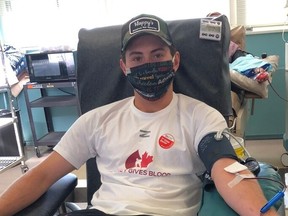 Regina Pats captain Logan Nijhoff is shown during his blood-donor drive in December.