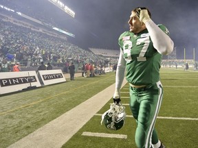 John Chick, shown saluting the fans at Taylor Field after the CFL's 2013 West Division semi-final, becomes eligible for the Saskatchewan Roughriders' Plaza of Honour this year.