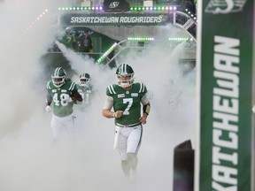 Saskatchewan Roughriders quarterback Cody Fajardo, 7, leads the team out of the tunnel at Mosaic Stadium before the CFL's West Division final on Nov. 17, 2019. Due to COVID-19, the Roughriders have been idle since that game, won 20-13 by the Winnipeg Blue Bombers.