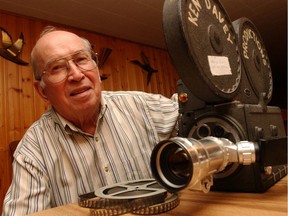 John Solilo, who shot film and video of Saskatchewan Roughriders games from 1956 to 2005, is shown in 2004 with one of his original cameras.