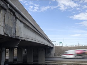 Vehicles travel along the Ring Road under the Winnipeg Street overpass on March 8, 2021. The city has issued a public tender to rehabilitate and improve the overpass.