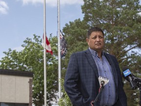 Saskatoon Tribal Council Chief Mark Arcand speaks to the media to call for the re-naming of John A. MacDonald Road in light of renewed discussion of the legacy of the residential school system following the discovery of 215 unmarked children's graves in Kamloops, B.C.