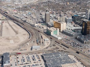 An aerial photo shows Regina's downtown and the railyard adjacent to Dewdney Avenue on May 9, 2019.
