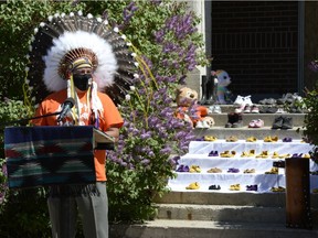 FSIN Chief Bobby Cameron speaks during a vigil following the discovery of 215 buried children on the site of a former residential school in British Columbia. The vigil was held at the grounds of the former Muskowekwan Indian Residential School on Muskowekwan First Nation in Saskatchewan on June 1, 2021. BRANDON HARDER/ Regina Leader-Post