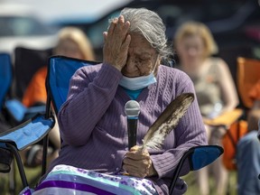 Residential school survivor Alice Sangwais speaks at a ceremony held at the Regina Indian Industrial School, Zagime Anishinabek First Nation, as part of a city-wide Pipe Ceremony and Feast.  Several locations hosted the events to pray for and feed the spirits of all children who did not return home from residential schools in Regina.