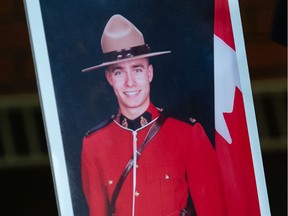 A portrait of RCMP Const. Shelby Patton, who died while on duty, is seen at at RCMP 'F' Division headquarters in Regina on June 12, 2021. Patton died on duty that morning after allegedly being hit by a vehicle in Wolseley, Sask.