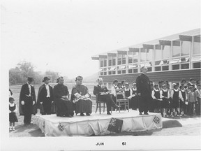 A photograph of some religious and students of the Marieval school during a ceremony; Bishop O'Neil of Regina, Saskatchewan, is seen. Marieval Indian Residential School . Credit: Societe historique de Saint-Boniface. SHSB 1432 ORG XMIT: POS2106231622533127
