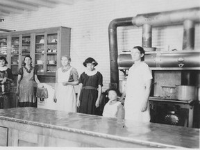 A group of girls in a cooking class at the Marieval residential school. (Photo courtesy General collection of the Societe historique de Saint-Boniface)